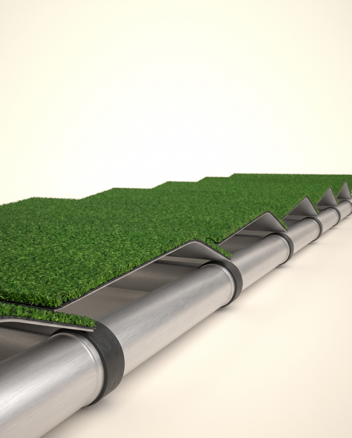 Kunstrasen-Platten auf der Aluminium-Schiene der PAWVIA Rampe