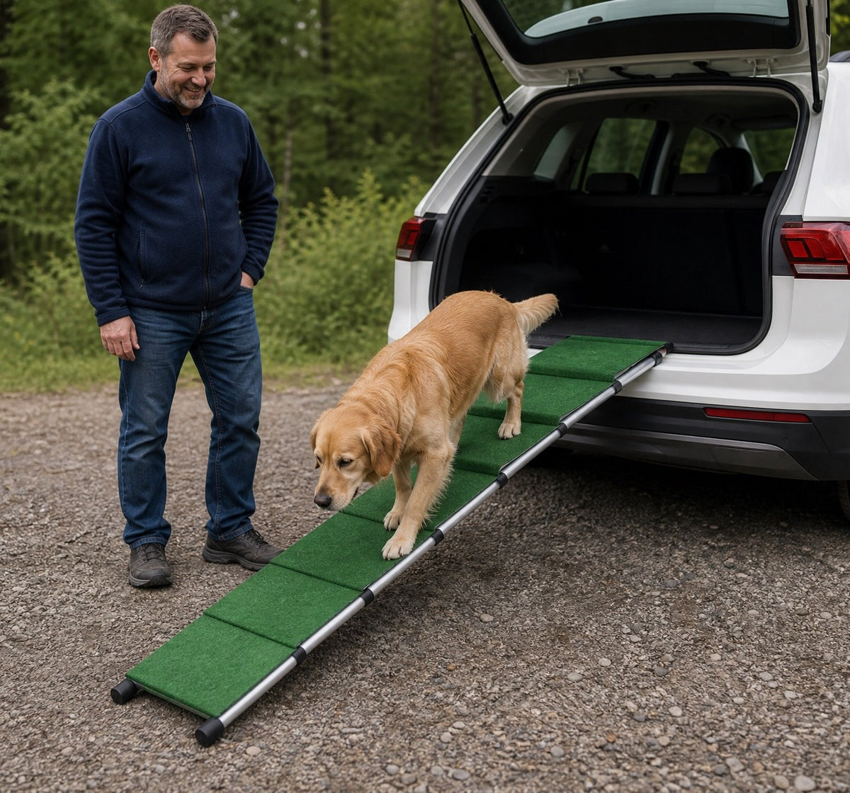 Ein Mann sieht zu, wie sein Golden Retriever über die Hunderampe aus einem weißen SUV steigt