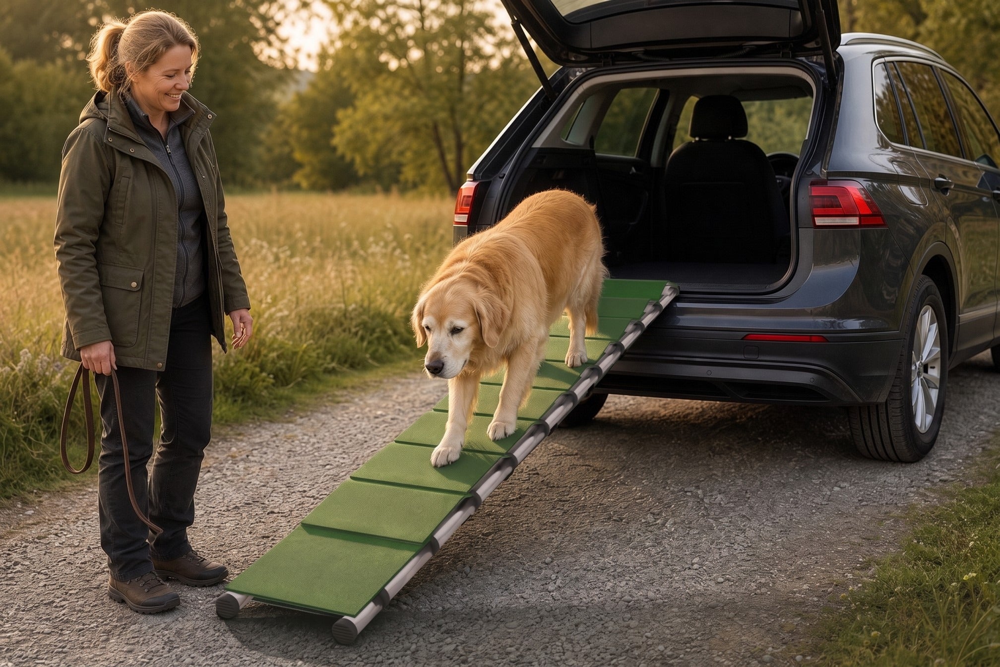 Frau mit Schäferhund auf der PAWVIA Teleskop-Hunderampe hinter einem Kombi