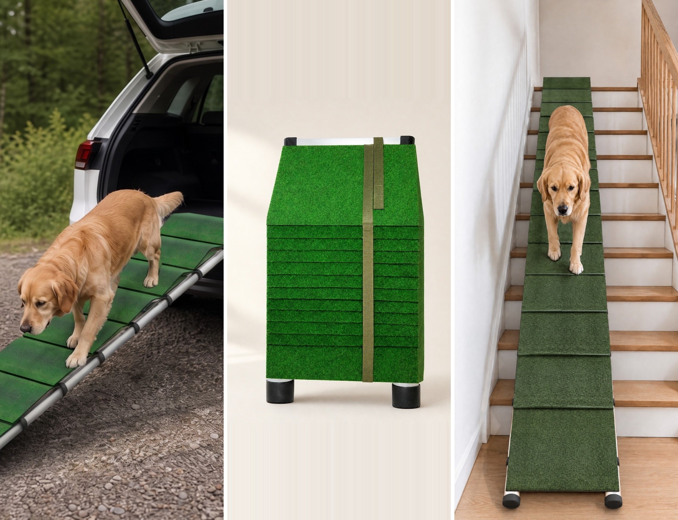 Drei Fotos: Hund auf der Rampe, zusammengeschobene Rampe im Kofferraum, Hund auf der Treppe