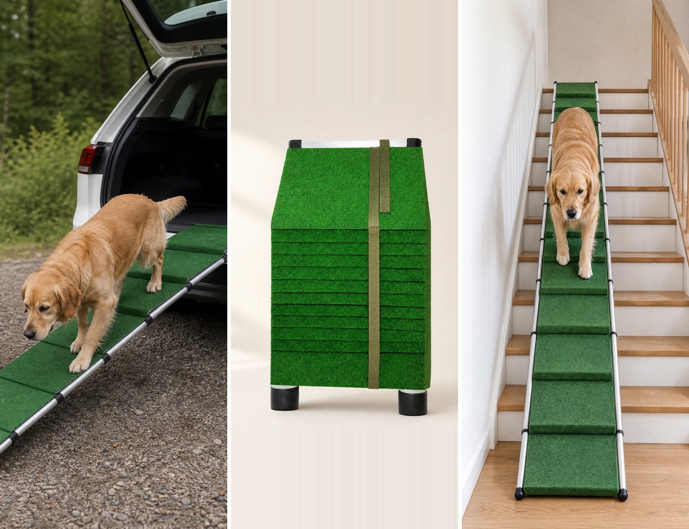 Drei Fotos: Hund auf der Rampe, zusammengeschobene Rampe im Kofferraum, Hund auf der Treppe