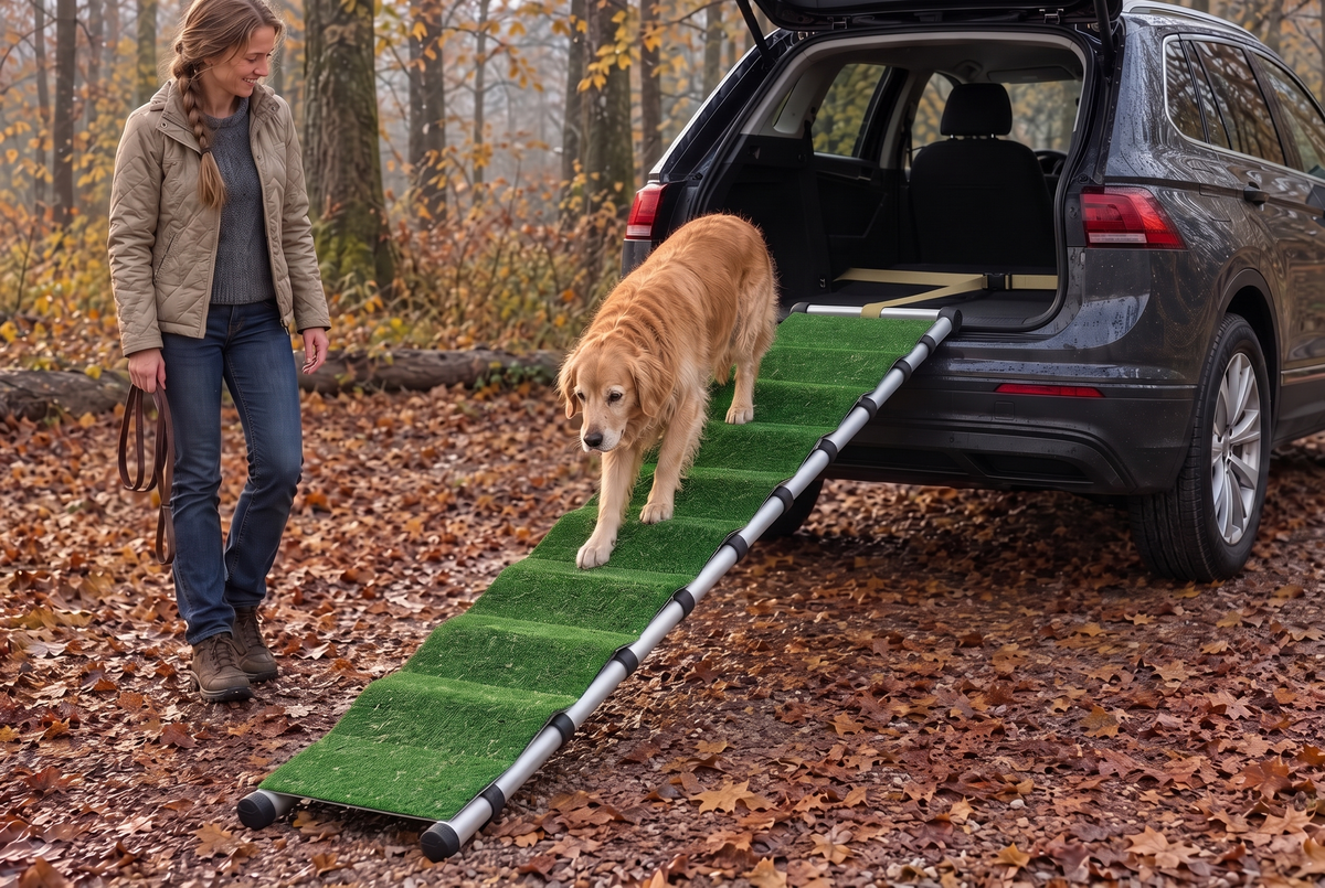 Frau mit Schäferhund auf der PAWVIA Teleskop-Hunderampe hinter einem Kombi