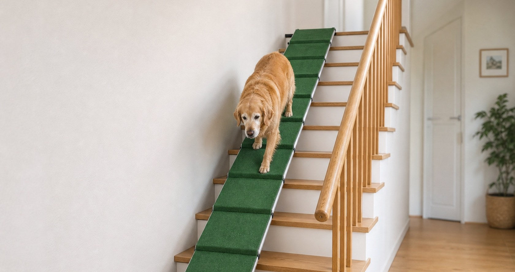 Hund läuft über die PAWVIA Rampe auf einer Treppe