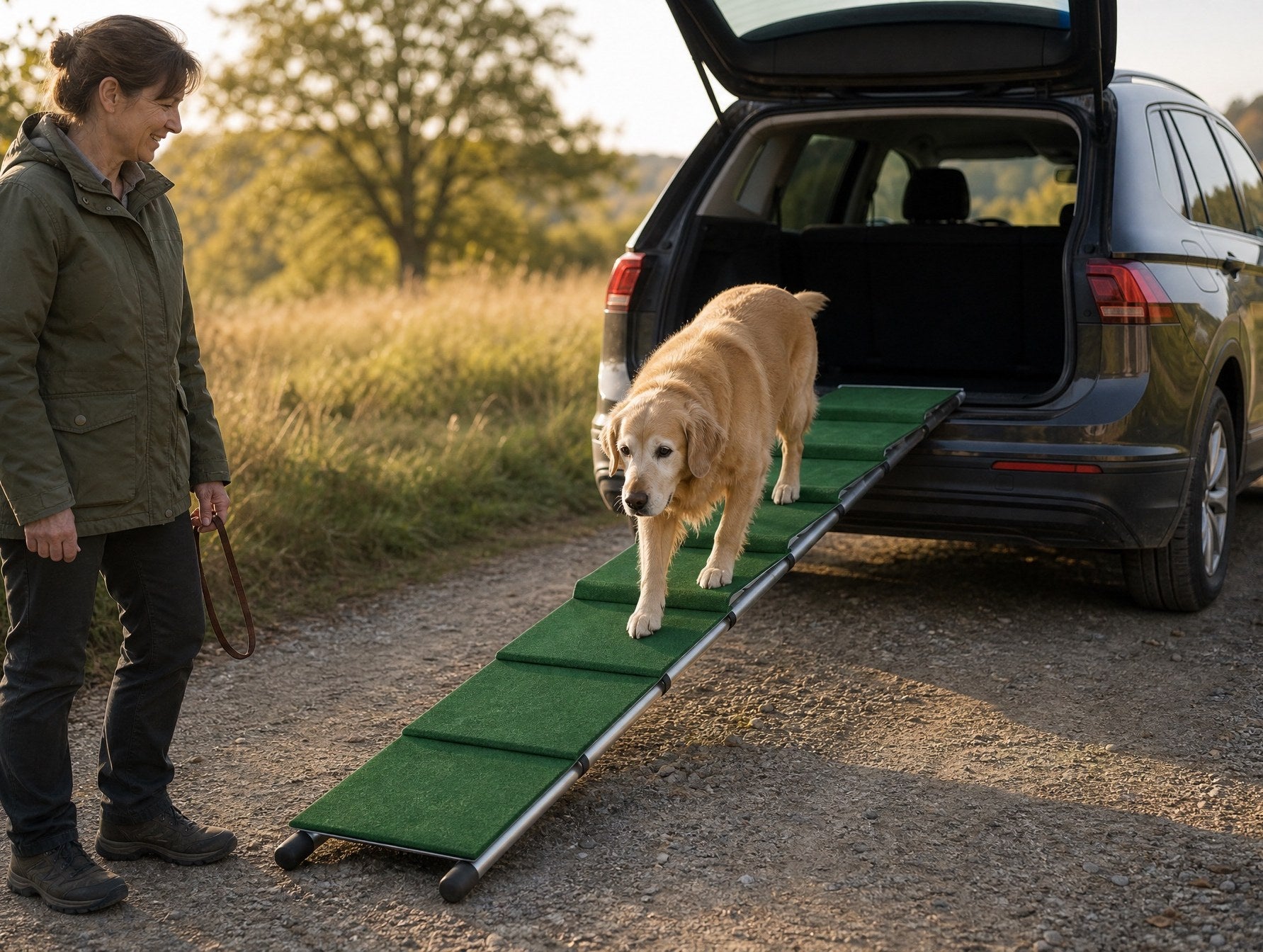 Schwarzer Hund läuft über die Rampe in einen SUV