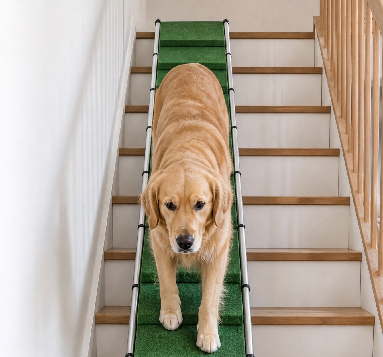 Dackel läuft über die PAWVIA Rampe auf einer Holztreppe