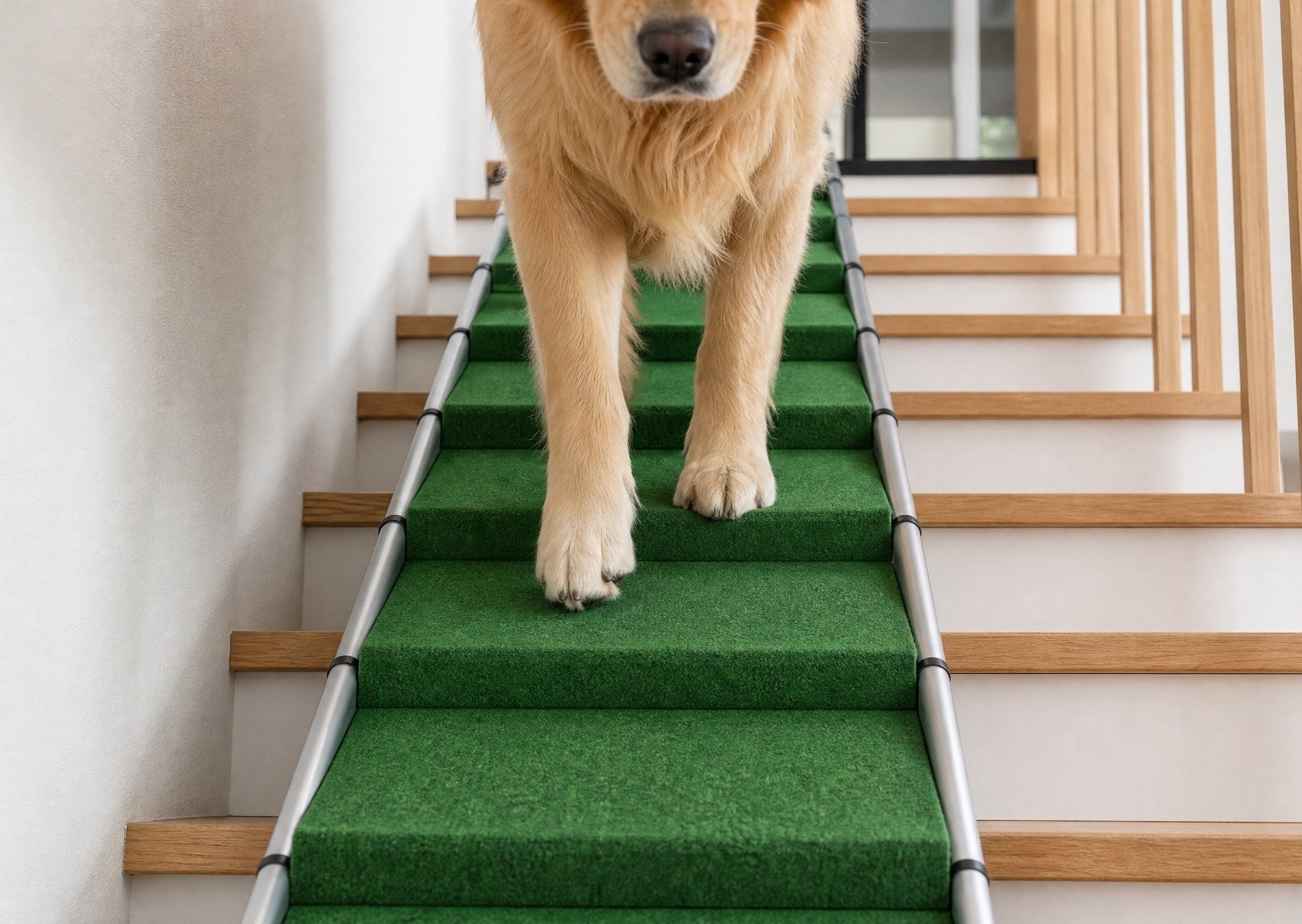 Hund läuft über die Rampe auf einer Treppe