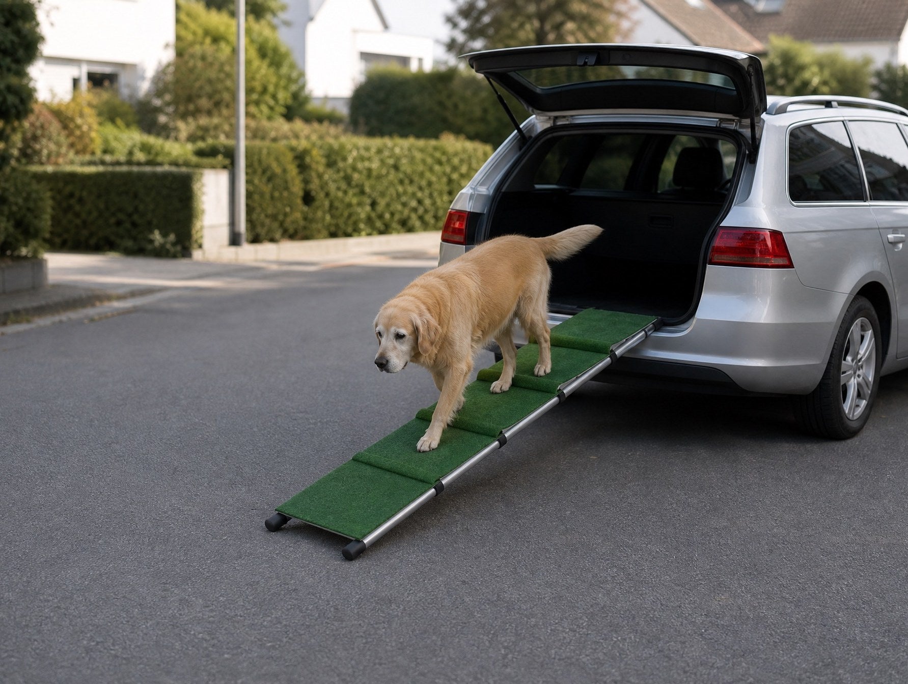 Frau mit Hund an der Rampe eines Kombis