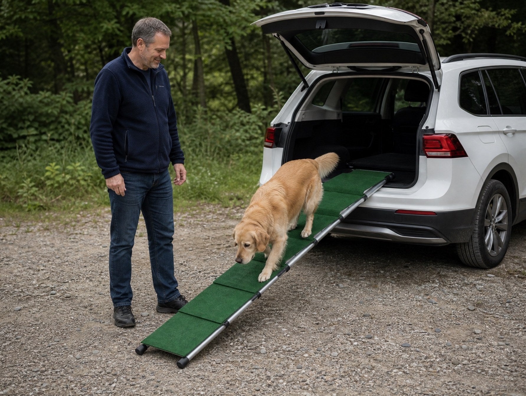 Mann mit Hund an der Rampe eines SUV