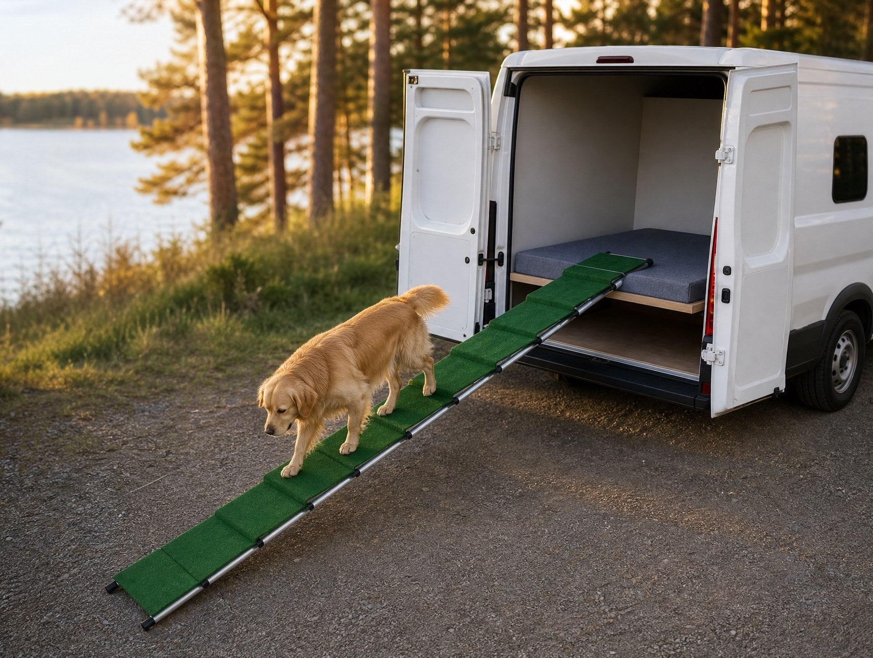 Schäferhund läuft über die Rampe in einen Kastenwagen