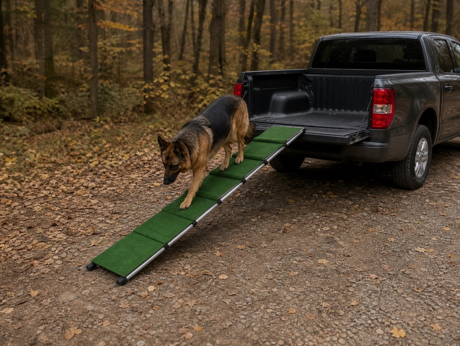 Hund läuft über die Rampe auf einen Pickup