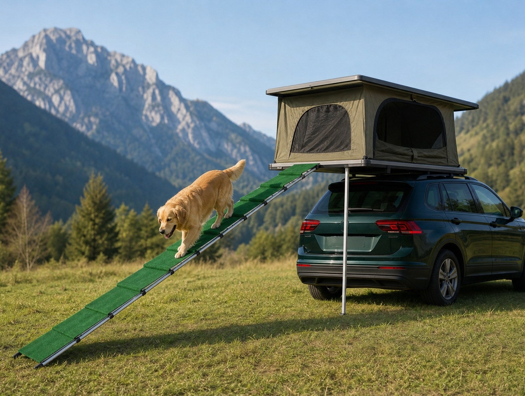 Hund läuft über die lange Rampe zu einem Dachzelt